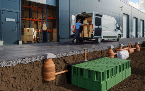 A stormwater management system installed next to a logistics warehouse | Pipelife