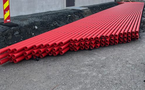 A large duct bank, containing 72 cable ducts is being set up for a data center.