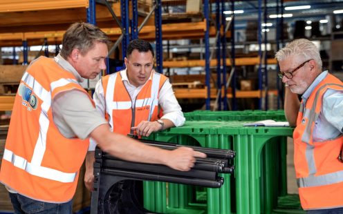 Pipelife's R&D team inspecting the Stormbox II and Stormbox II E stormwater retention and attenuation crates.