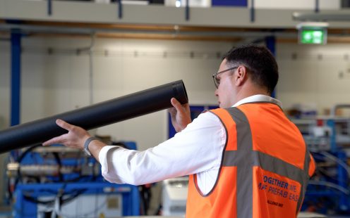 Pipelife's Head of R&D, Konstantinos Akritanakis, inspects a pressure pipe at Pipelife's R&D laboratory in Enkhuizen.