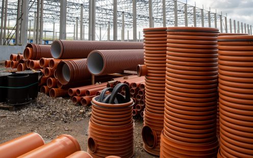 Smooth and corrugated sewer pipes and inspection chambers near a warehouse building under construction.