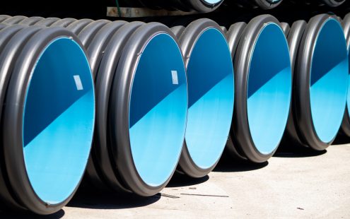 Close-up of corrugated pipes made from 100% recycled PE | Pipelife