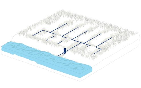 A diagram that depicts a field drainage system and how it drains excess water away from crops