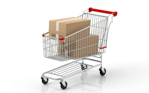 Boxes closed in a shopping cart with red details isolated on white background. 3d illustration