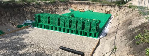 Hundreds of Pipelife Stormbox II infiltration crates are used to construct an underground tank | Pipelife