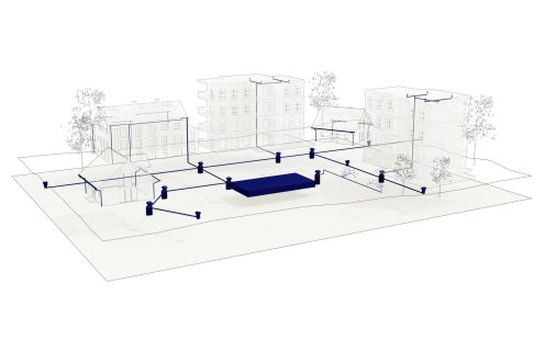 Drawing of residential area buildings connected with highlighted rainwater system including pipes manholes water crates