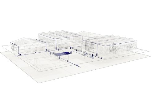 Illustration of commercial are buildings with highlighted stormwater management system