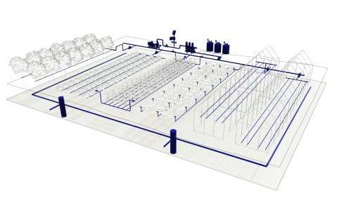 Agriculture fields and sheds with irrigation system