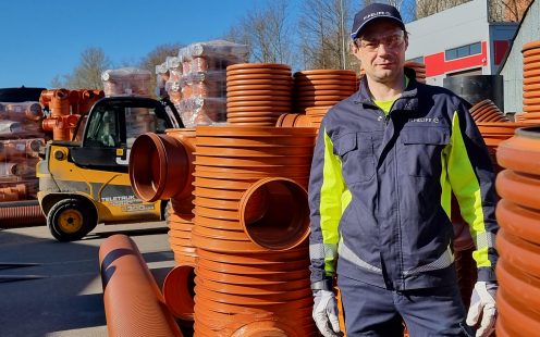 Maris standing next to welded wells and gullies | Pipelife