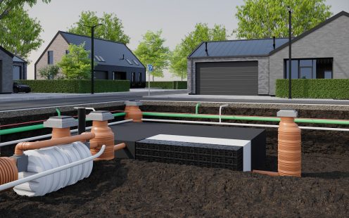 A 3D visualization showing an underground stormwater management system built from Stormbox E crates in a residential area.