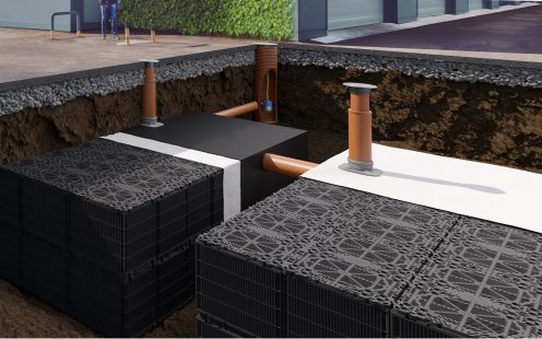 A 3D visualization showing an underground stormwater management system built from Stormbox II E crates.