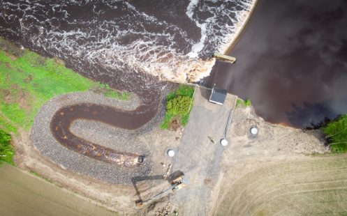 Aerial view of the Poutu weir with the recently opened fishway | Pipelife