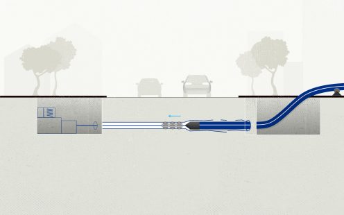 A visualization of the trenchless pipe bursting technique.