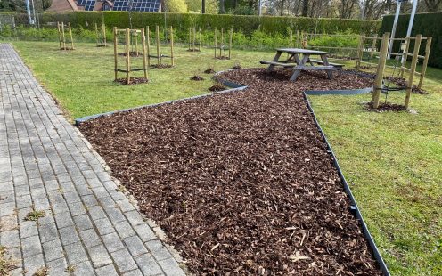 One of the lawn areas at the Kalmthout production site has been transformed into a fruit garden — employees planted several apple and cherry trees there and set up bee hotels. 