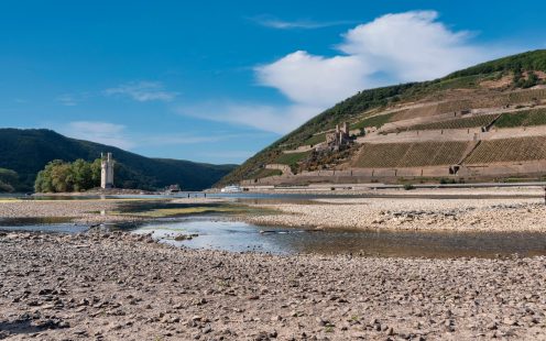 Critically low water levels were observed in the Rhine river, Germany, in 2022.