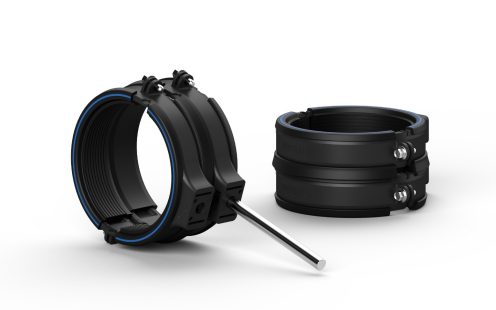 A product photo of two Master3Plus acoustic clamps on a whate background | Pipelife