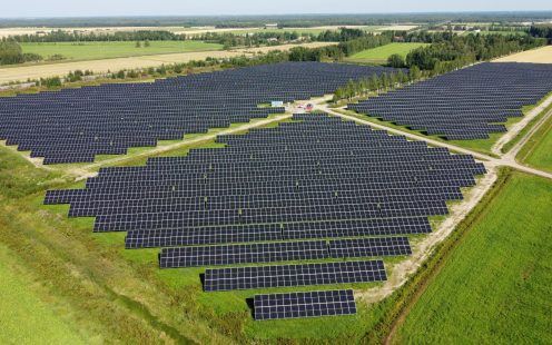 The 13-hectare Ruotsinoja solar park from a bird's eye view. The park is split in four sections.