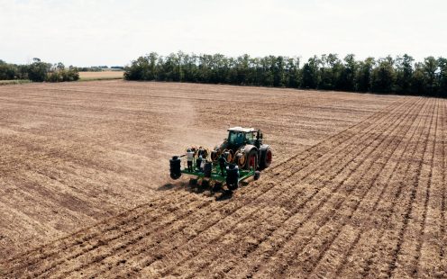 An aerial photo showing subsurface drip irrigation system installation on a corn field in Mezofalva.