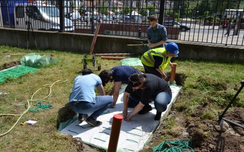 Workers finalise the installation of Pipelife's stormboxes at Belgrade University