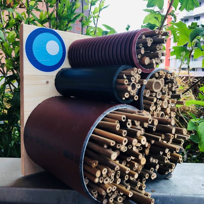 Bee hotel made from recycled pipes and reeds