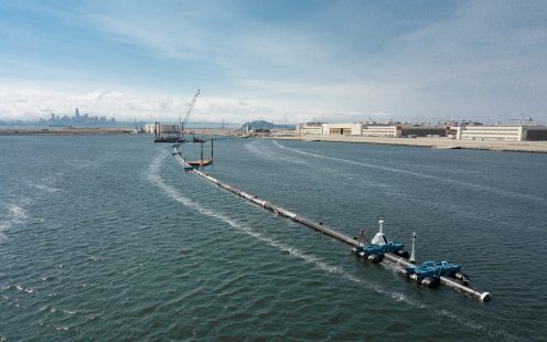 Ocean Cleanup Pipelife stabilizers assembly and fully launched system