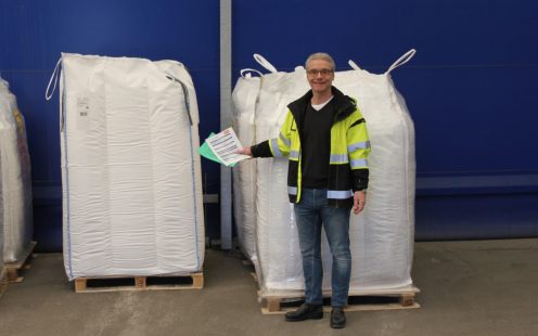 Project Manager Ove Söderberg at Pipelife Sweden pointing to the bio-attributed raw material using 100% renewable feedstock from producer INOVYN.